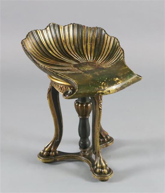 A 19th century parcel gilt green painted Venetian grotto style piano stool, W.1ft 7in. H.1ft 9in.